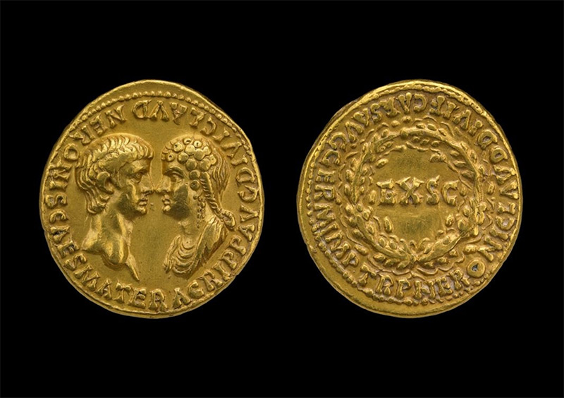 Gold coin showing Nero and Agrippina, Italy, 54 AD © The Trustees of the British Museum.